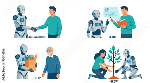 Flat vector illustration set featuring a robot interacting with humans in four scenes: collaborating via handshake, learning with data, helping an elderly man with groceries, and growing a tree.