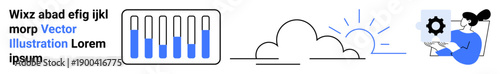 Bar chart, cloud, sun rays, and woman with gear icon tablet. Ideal for data analysis, cloud storage, tech solutions, progress monitoring, innovation teamwork simple landing page