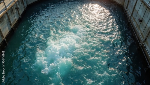Aeration tank in wastewater treatment. Water bubbles vigorously with sunlight on surface. Shows complex water purification process. Industrial facility cleans waste water.