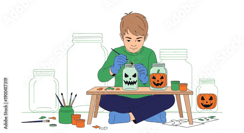 Creative Child Decorating Glass Jars for Halloween Festivities With Paint