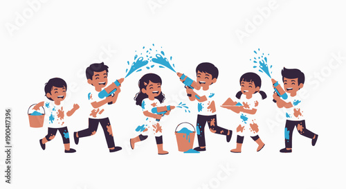 Children playing with water splashing and buckets in a lively scene