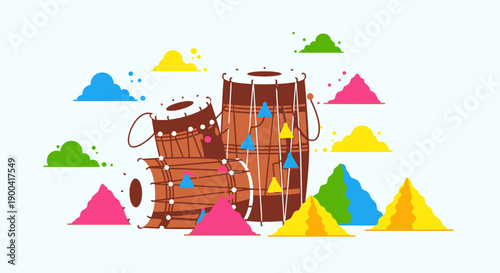 Vibrant celebration scene with drums surrounded by colorful powder and shapes from a front viewpoint.