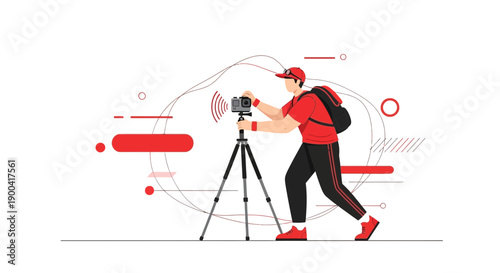 Creative Content Creator Capturing Moments With Professional Camera On Tripod Dynamic Illustration