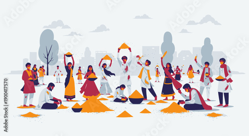 Vibrant community gathers for Holi festival celebration in open landscape viewed from above