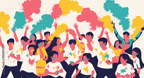 Vibrant group of young adults celebrating outdoors with colorful powder, joyful atmosphere, and dynamic movement