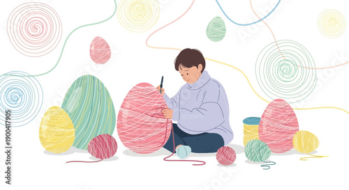 Creative Easter Egg Decoration With Yarn By A Child