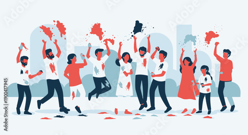 A group of people celebrating a joyful event together in a vibrant urban setting with confetti and colorful attire from a dynamic viewpoint