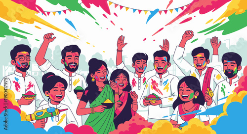 Vibrant group of people celebrating Holi festival with colored powders and joyful atmosphere