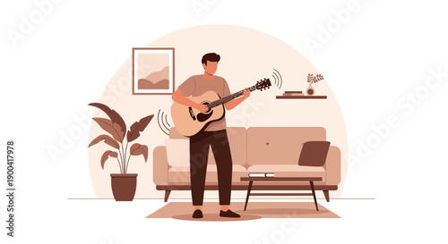 Creative Man Playing Acoustic Guitar Indoors Lifestyle Music Hobby