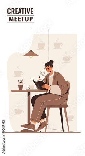 Creative Meetup Focused Woman Journaling In A Cozy Cafe Environment