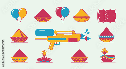 Vibrant celebration elements including water gun, balloons, and traditional Indian hats arranged in a festive pattern viewed from directly above