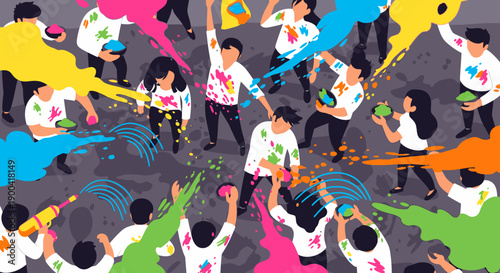 Vibrant crowd of people celebrating with colorful powder, viewed from above, amidst dynamic splatters and energetic movement