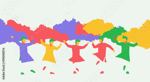 Vibrant dancers in colorful attire performing a lively dance routine in a festive atmosphere from a front viewpoint
