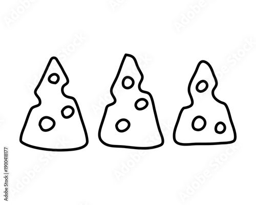 Hand-drawn doodle of three pieces of cheese. Minimalist line art Vector illustration Editable stroke.