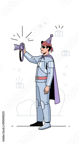 Creative Photographer Capturing Moments With Professional Camera And Party Hat Fun