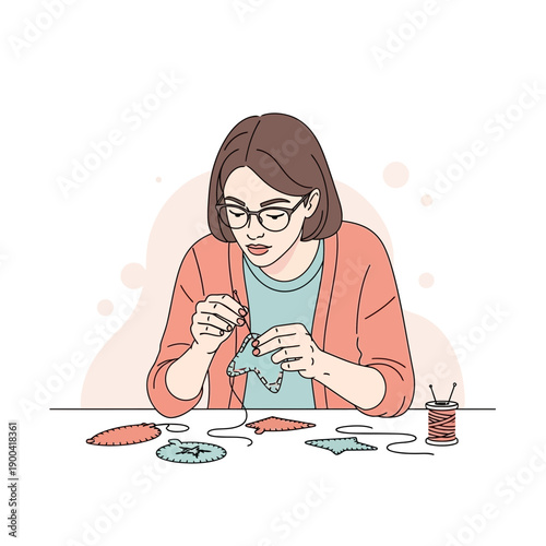 Creative Woman Concentrating On Crafting A Handcrafted Textile Art Piece