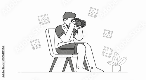 Creative Photographer Capturing Moments With Professional Camera While Sitting On A Chair