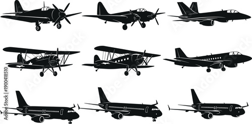 Airplane Silhouette Icon Set with Commercial Passenger Jets Fighter Planes Biplanes and Vintage Propeller Aircraft for Aviation Travel Logistics Air Transport and Vector Illustration