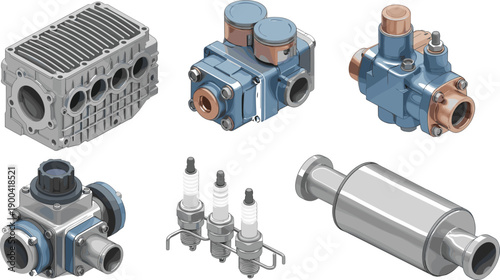 Automotive engine parts set including valves, spark plugs and exhaust components, detailed vector illustration for mechanical engineering, car 