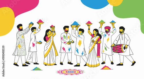 Vibrant group of people celebrating Holi festival with colored powders and traditional attire