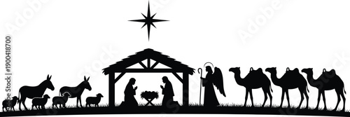 Black Nativity Scene Silhouette with Baby Jesus in Manger, Mary, Joseph, Angel, Star of Bethlehem, and Desert Animals Isolated on White Background for Christmas