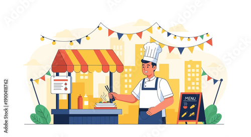 Culinary Artist Prepares Delicious Street Food At Outdoor Festive Market Stall