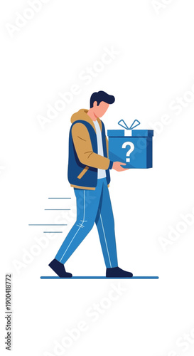 Curious Individual Carries Mysterious Gift Box With Question Mark