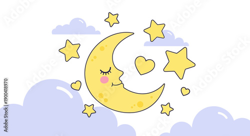 Cute Cartoon Moon With Stars And Clouds For Baby Products