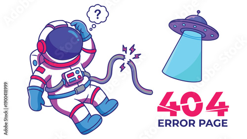 Creative 404 error page concept featuring a confused astronaut floating in space with a broken tether and a UFO. Vector illustration suitable for website connectivity issues and technical maintenance.