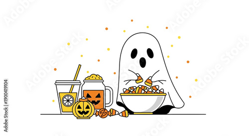 Cute Ghost Enjoying Candy Corn and Halloween Drinks