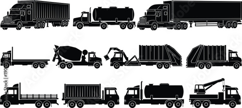 Black silhouette vector set of heavy industrial trucks including semi trailers tankers cement mixers and garbage trucks for logistics transport and commercial delivery concepts
