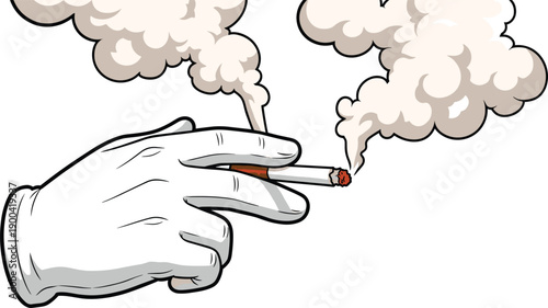 Cartoon vector illustration of a white gloved hand holding a smoking cigarette with smoke clouds isolated on white background for unhealthy habit concept.