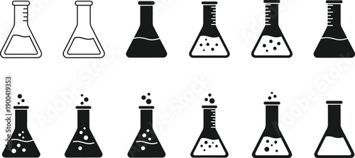 Chemistry Laboratory Erlenmeyer Flask Icon Set with Science Glassware Bubbles and Measurement Scales for Research Education Medical Experiment and Vector Illustration Design 