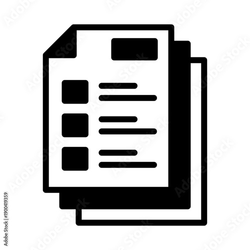 Black icon checklist paper document. Minimalist Online course or E Learning solid line symbol design.