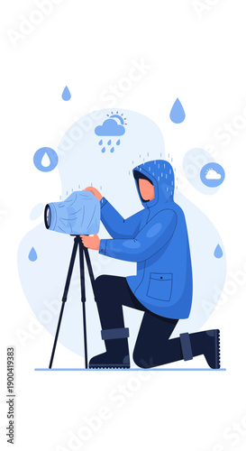 Dedicated Photographer Capturing Nature's Downpour While Shielding Equipment