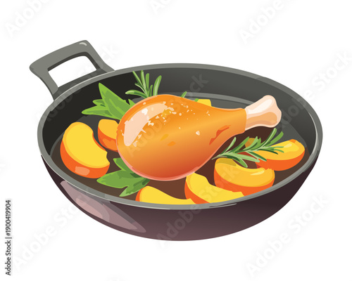 Pan seared chicken leg with fruit slices and herbs served in a rustic black frying pan - Vector Illustration