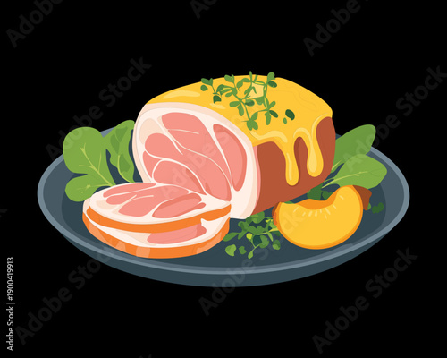 Sliced meat loaf with glaze and fresh garnish served on a plate for a festive dinner celebration - Vector Illustration
