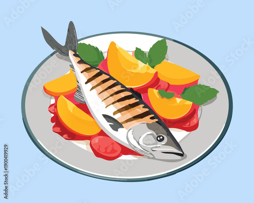 Whole grilled fish served with sliced peaches and citrus fruits on a white plate for summer dining - Vector Illustration