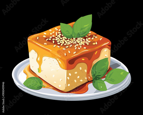 Square apricot cake with a sweet glaze and sesame seed topping garnished with fresh mint leaves - Vector Illustration