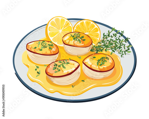 Fotografie Platter of fresh scallops with lemon and herbs served as a delicious seafood app