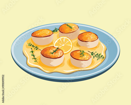 Gourmet plate of seared scallops garnished with fresh herbs and lemon wedges for a healthy dinner - Vector Illustration