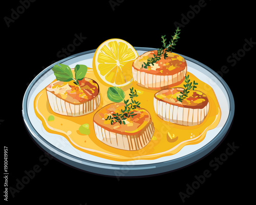 Pan seared scallops served with lemon slices and fresh herbs on a blue gourmet restaurant plate - Vector Illustration