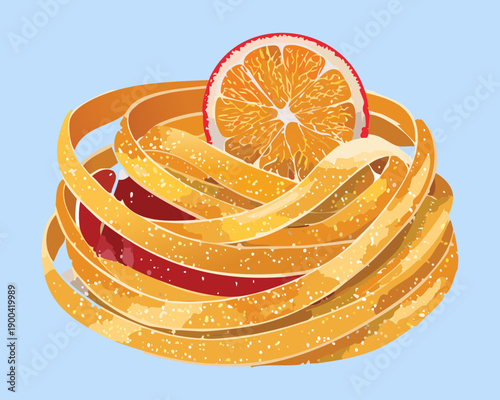 Plate of orange zest or citrus peels arranged in a decorative spiral for gourmet food garnish - Vector Illustration