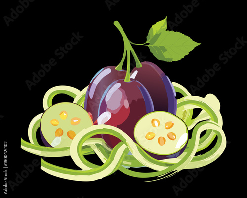 Refreshing cucumber noodle salad with purple plums and fresh herbs for a light and healthy meal - Vector Illustration