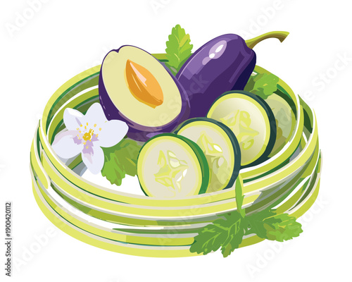 Spiralized cucumber salad with fresh plums and white flowers for a refreshing and healthy summer dish - Vector Illustration