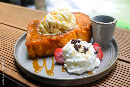 Honey toast with vanilla ice cream and caramel sauce.