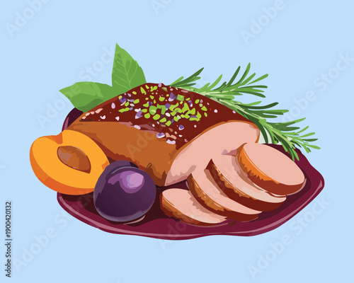 Roasted meat fillet served with fresh apricots and plums for a sweet and savory gourmet dinner - Vector Illustration