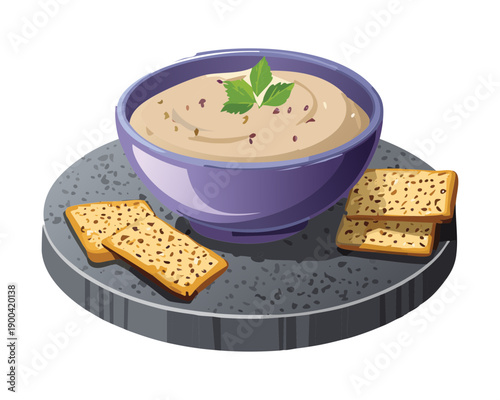 Mediterranean hummus bowl with salty crackers and fresh plums for a nutritious and healthy plant based snack - Vector Illustration