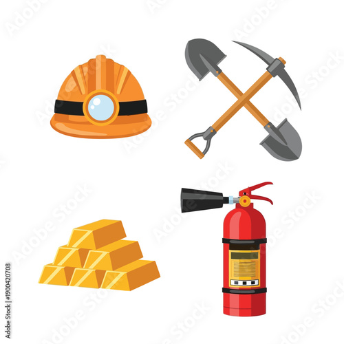Collection of mining and safety equipment including a hard hat, pickaxe, shovel, gold bars, and a fire extinguisher.