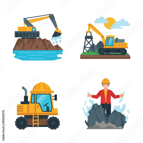 Set of four flat design illustrations depicting various heavy construction machinery and a worker in mining or excavation scenarios.